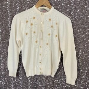 Vintage Helen Harper Floral Beaded Orlon Cardigan Sweater 50s/60s Womens